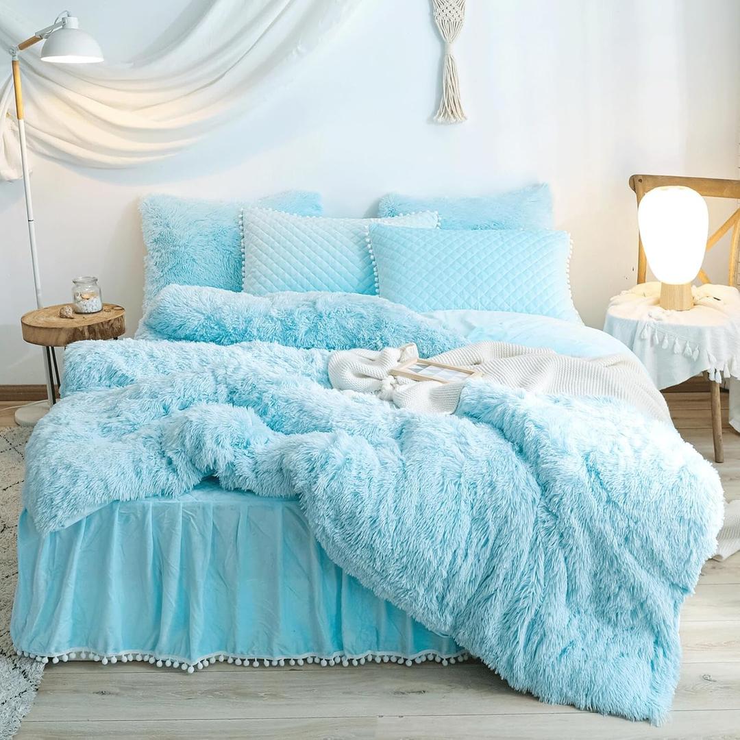 Plush Blue Comforter Cover Twin Set, Furry Blue Girls Twin Bedding Set 2 Pieces (1 Shaggy Duvet Cover + 1 Faux Fur Plush Pillow Cases) Girls Fuzzy Bed Set, Fluffy Bed Set, Zipper Closure