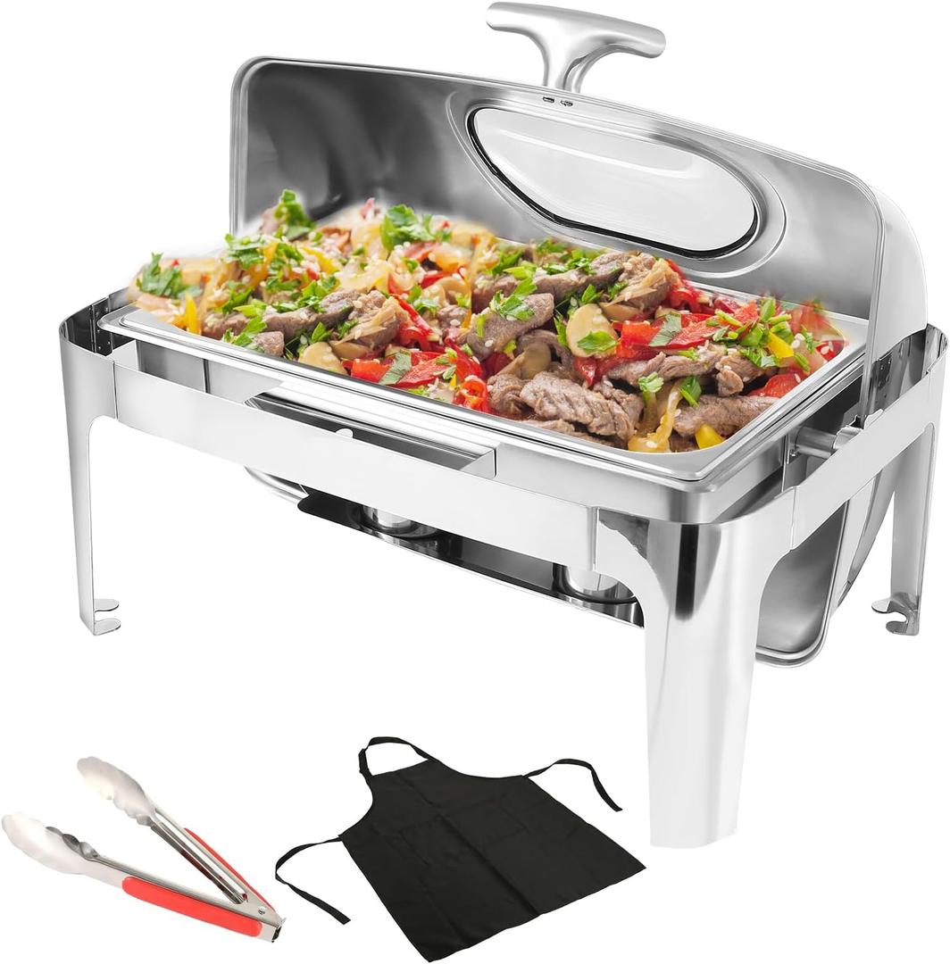 Roll Top Chafing Dish Buffet Set w/Visible Window, 9QT Stainless Steel Chafers and Buffet Warmer for Catering, with Full Size Food & Water Pan, Fold Frame, Fuel Holder for Event Party Holiday