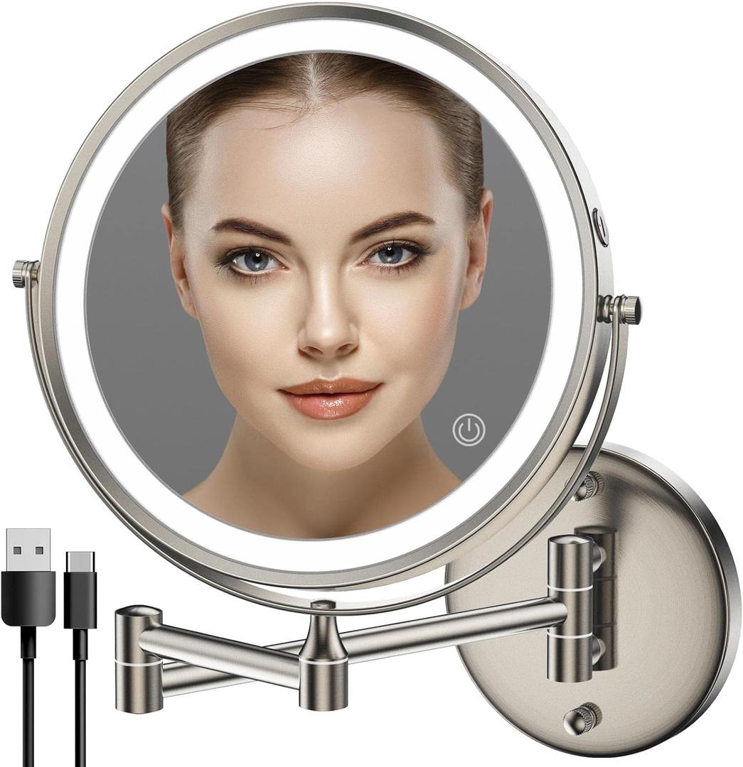 Rocollos Rechargeable Wall Mounted Lighted Makeup Mirror, 8 Inch Double-Sided LED Vanity Mirror 1X/10X Magnification,3 Color Lights Touch Screen Dimmable 360Swivel 13 Inch Extendable