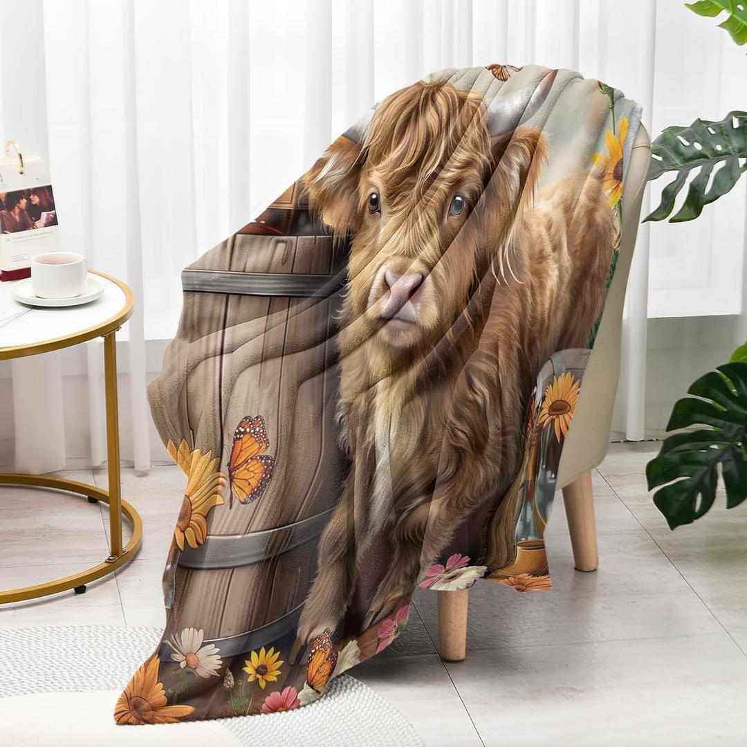 Glawry Rustic Brown Highland Cow Throw Blanket for Bed,51x59 Inch, Farmhouse Cute Animal Colorful Floral Flowers Daisy Botanical Butterfly Country Soft Cozy Flannel Blankets for Sofa Couch Chair (50x60)