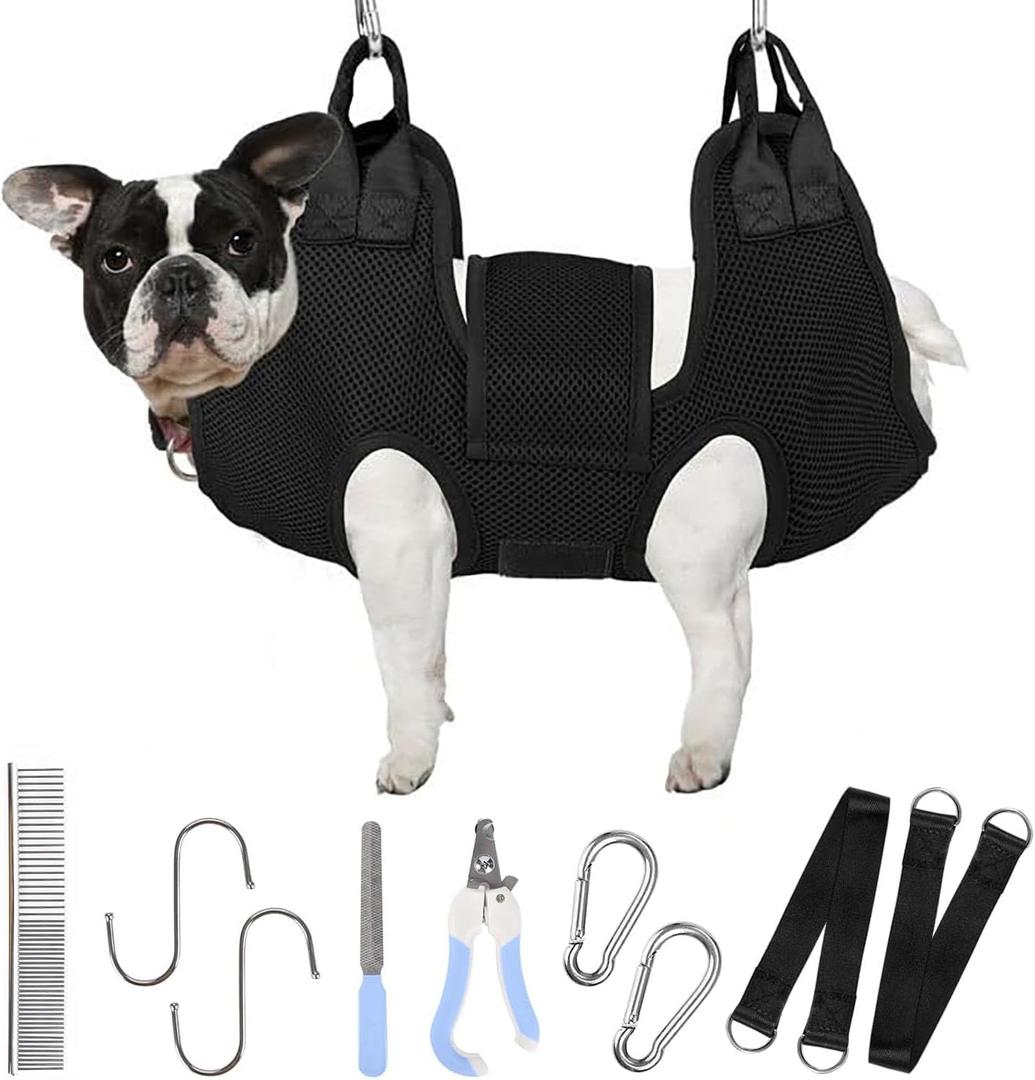 PatiencET Dog Grooming Hammock for Small Dogs Pet Hammock for Nail Trimming Dog Sling for Nail Clipping Dog Hanging Harness (Black S)