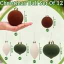 12 Pcs Cream White Green Brown Velvet Christmas Ornaments Large Glass Velvet Christmas Balls Ornaments Bulk Flocked Tree Bulbs Set for Xmas Tree Party Holiday Decoration(No Diamond)