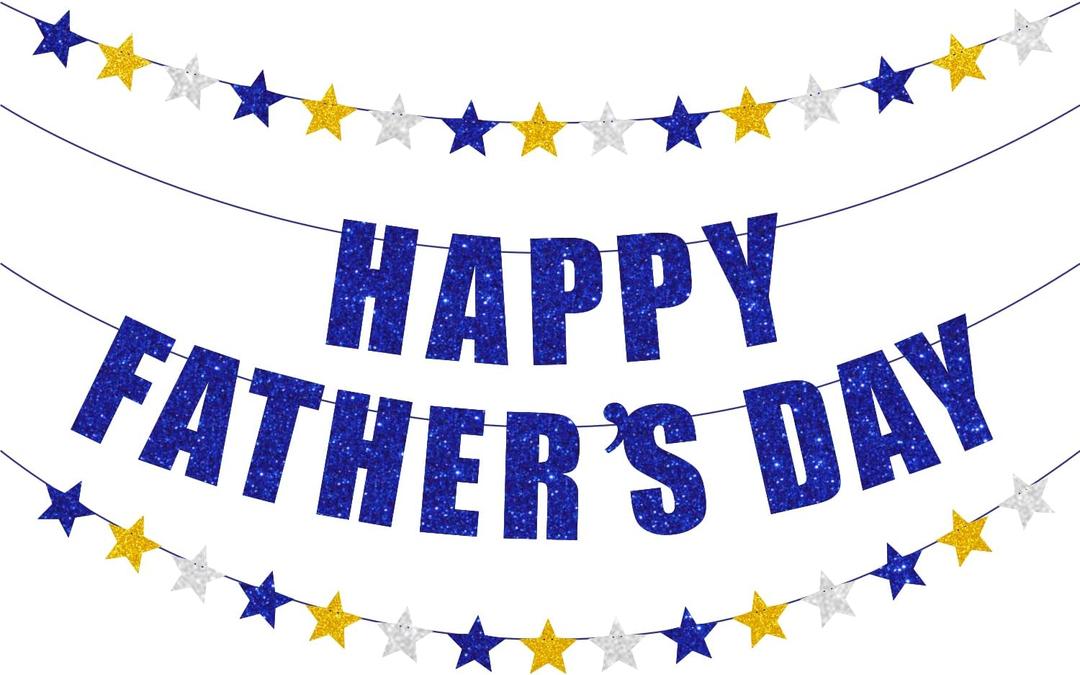 Happy Father's Day Banner, Glitter Blue Happy Father's Day Banner with Tassel, Father's Day Party Decorations, Father's Day Party Supplies, Garland for Father's Day (Blue Gold Silver Star)