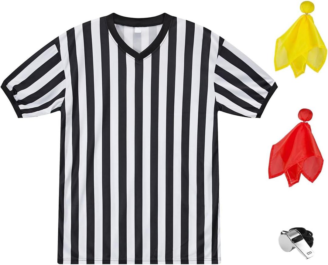 Referee Shirt Womens Men Referee Costume 4pc with Umpire Jersey Uniform Referee Flags Whistle for Football Halloween