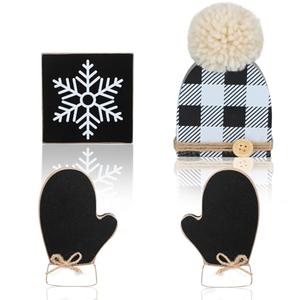 Wenqik 4 Pcs Winter Table Decor Snowflake Gloves Hat Wooden Table Centerpiece Black and White Rustic Farmhouse Wood Tiered Tray Decor Block Sign for Winter Holiday Party Office Shelf Home