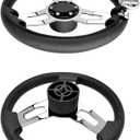 Stainless Steel Steering Wheel,13.5'' Anti-Slip PU Foam Cover Steering Wheel with Power Grip Knob, Marine Steering System with Aluminum Mounting Base for Boats, Yachts, Pontoon Boats and More