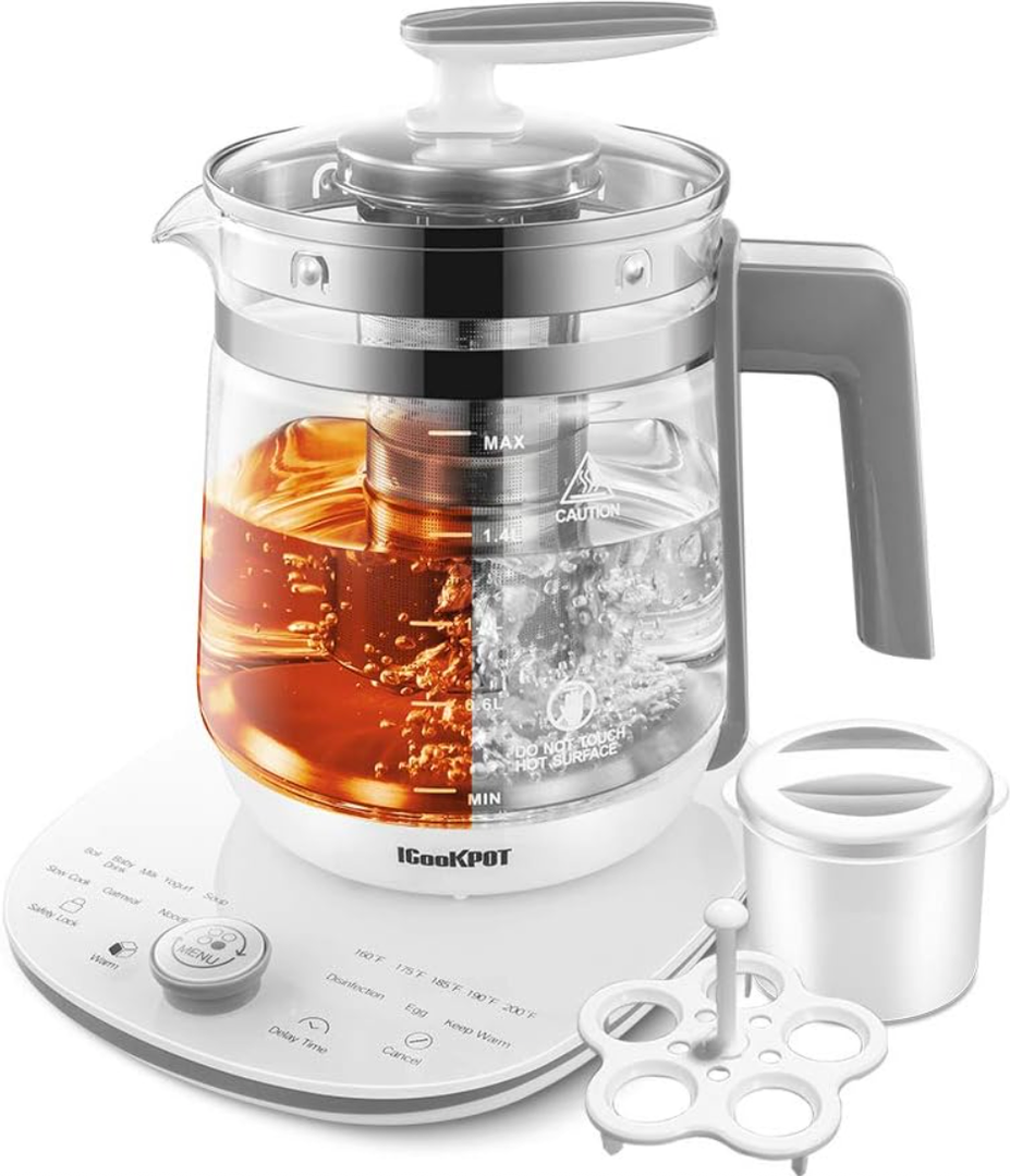 Electric Kettle Temperature Control Glass Tea Kettle Programmable Control Tea Pot, 2 Liter Stainless Steel Tea Maker & Coffee Kettle with Tea Infuser, Egg Cooker and Yogurt Box, White