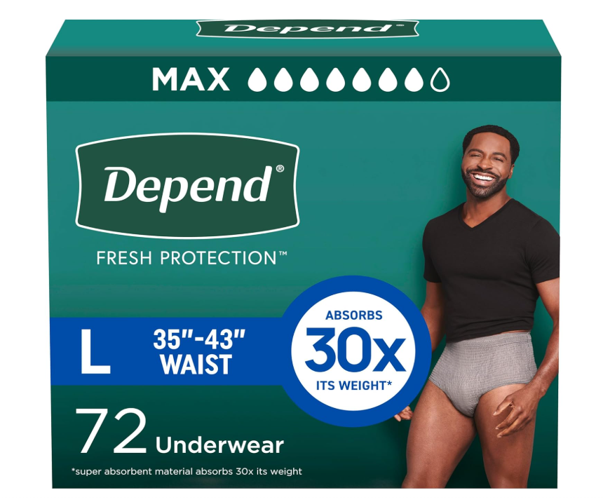 Depend Fresh Protection Adult Diapers, Incontinence Underwear for Men, Disposable, Maximum, Large, Grey, 72 Count (2 Packs of 36), Packaging May Vary