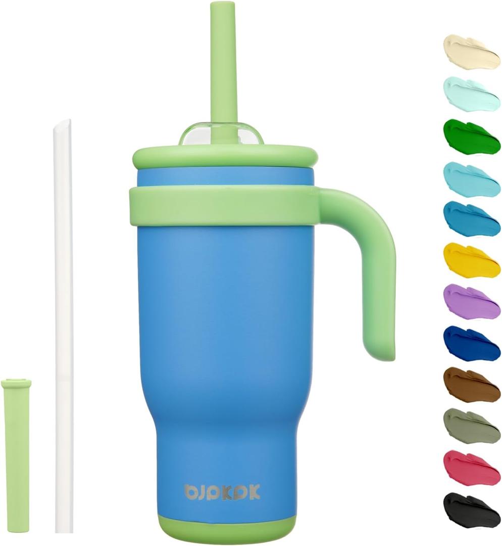 BJPKPK 18 OZ Insulated Travel Tumbler with Handle and Straw, Stainless Steel Water Bottle, Double Wall Vacuum Insulated Mug, for Work, Car, Travel, Sky Blue