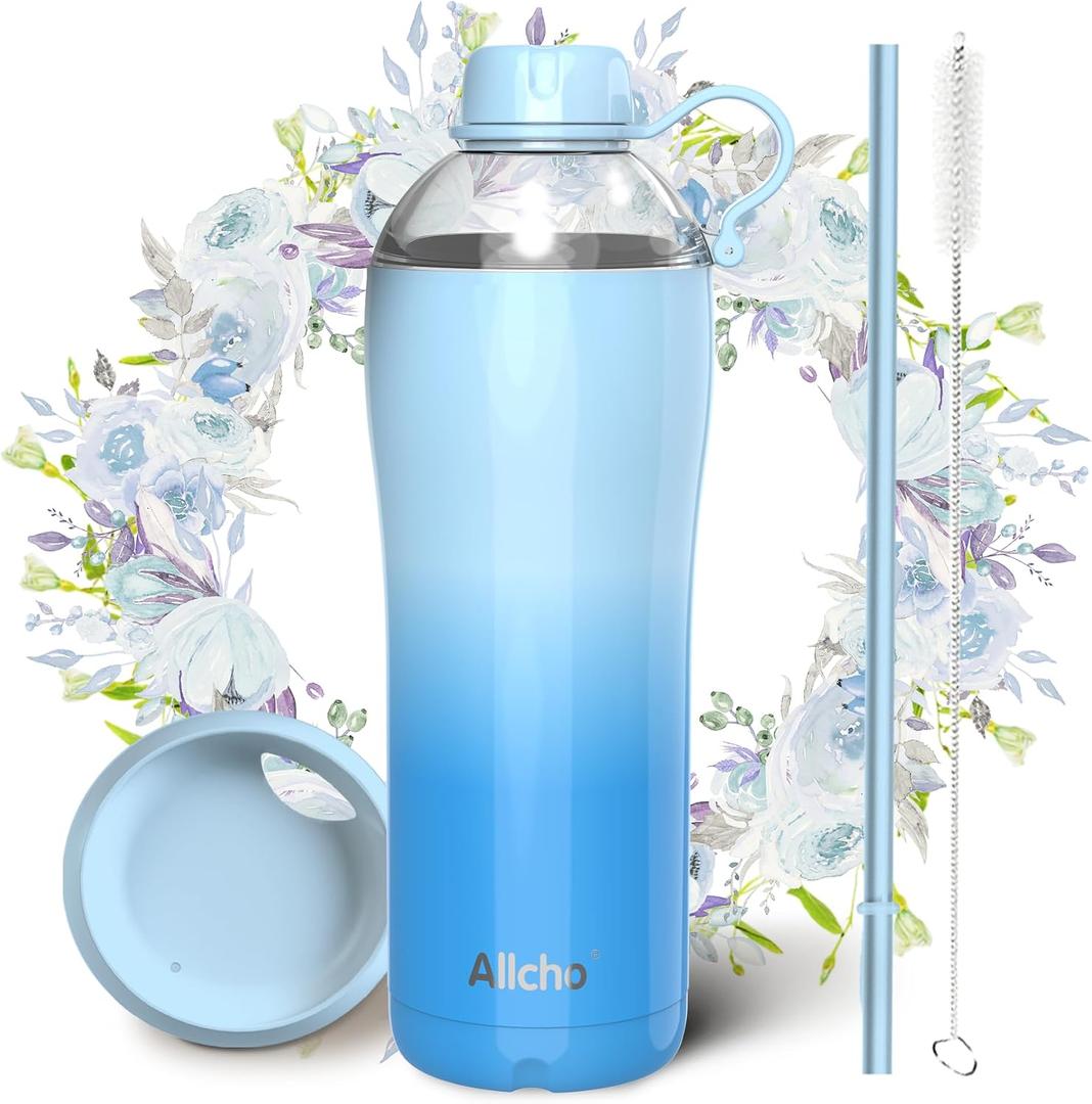 Insulated Water Bottle for Women, 24 oz Stainless Steel Water Bottles, Double Walled, 2 Lids (Chug & Tumbler) - Hydrate & Caffeinate,Available Gift Wrapping