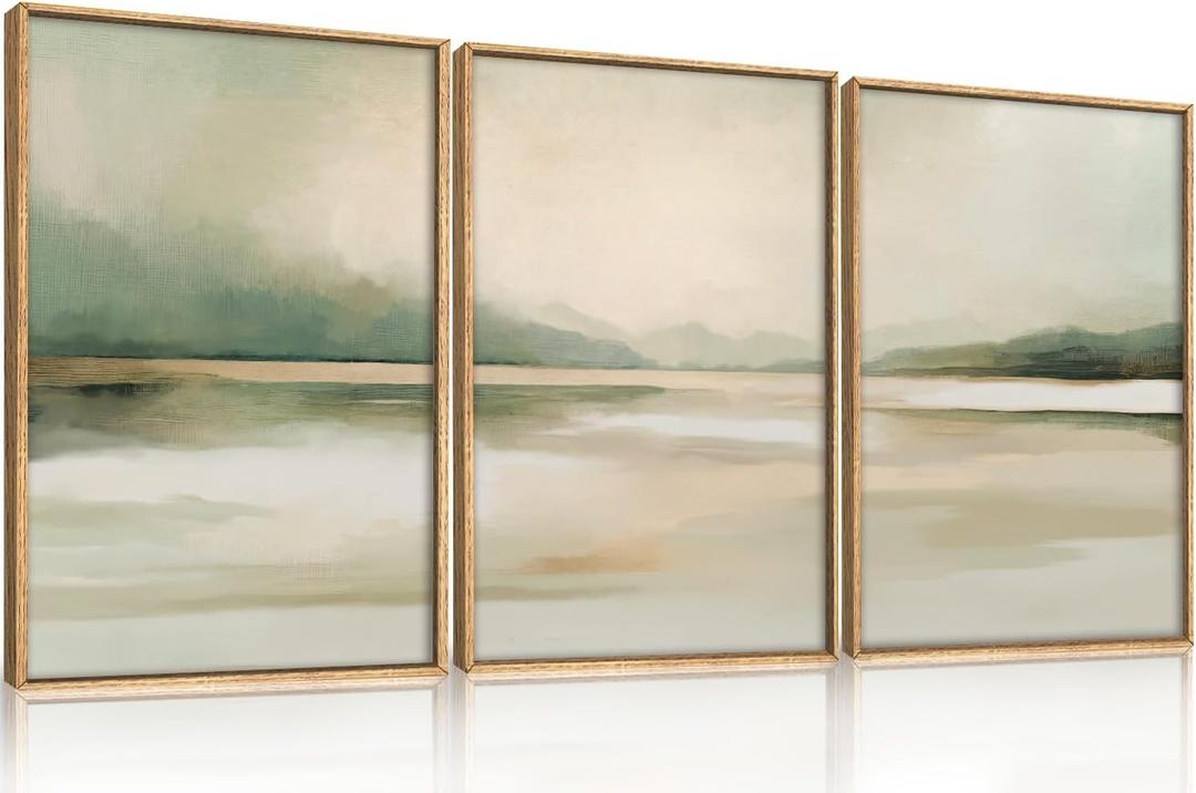 DRACIT Large Abstract Sage Green Pastel Framed Canvas Wall Art Set,Minimalist Neutral Landscape Wall Decor,Modern Watercolor Mountain Lake Artwork for Living Room,Bedroom,Office-16 x24 x3