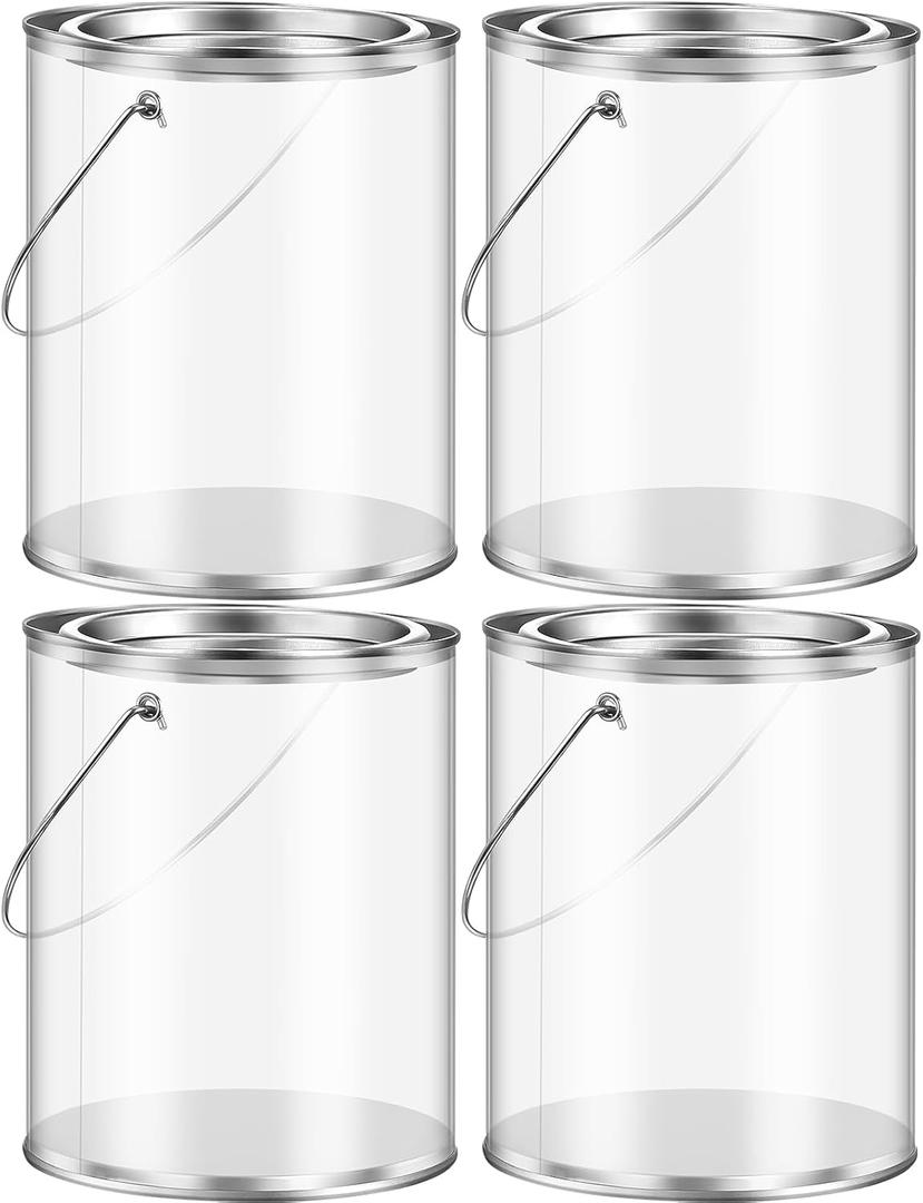 Yalikop 4 Pack Clear Paint Cans with Metal Lids, Plastic Empty Storage  Paint Can Containers and Handle for Putting Candy, Party Favors Cans, Decor and DIY Projects (5 Inch Tall)