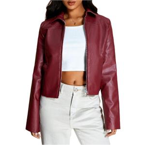 MakeMeChic Women's Crop Faux Leather Jacket Vintage Long Sleeve Collar Zip Up Biker Motorcycle Jackets Coats (Burgundy)