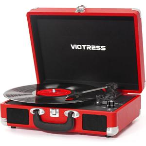 Vinyl Record Player, Portable Suitcase Turntable with PC Recording & Bluetooth Input/Output, 3-Speed LP Player, Built-in Stereo Speakers, RCA, AUX, Headphone Jack, Red