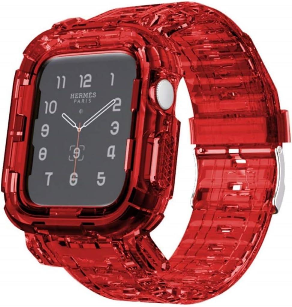 Updated Large Wrists Compatible for Apple Watch Bands Case 45mm 41mm 44mm 42mm 40mm 38mm, Crystal Clear Transparent integrated Bumper Sports Wristband Strap iWatch Series 9 8 7 6 SE 5 4 3 2 1 (45mm/44mm/42mm, Crystal Red)
