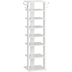 HOOBRO 8 Tiers Vertical Shoe Rack, Wooden Shoe Storage Organizer with Hooks, Narrow Shoe Tower for 8 Pairs, Space Saving, for Entryway, Living Room, Bedroom, White WT07XJ01G1