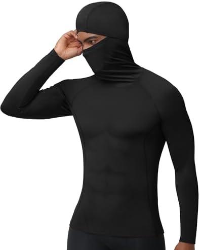 RIKUAOU Men's Compression Shirt Hoodie with Mask, Long Sleeve Athletic Base Layer Top, Cool Dry Workout Sports Undershirt L