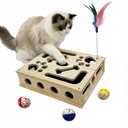 Cat Scratch Puzzle Enrichment Box, Cat Nail File Box, Wooden Sandpaper Scratcher with Interactive Maze Treat Puzzle Toy, Include Feather, 3 Balls and Spare Sandpaper