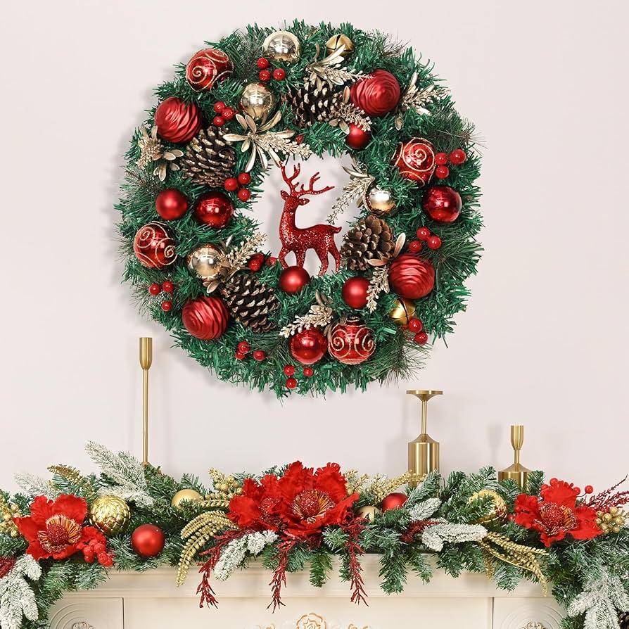 Christmas Wreath - 16" Christmas Wreaths for Front Door Red Christmas Reindeer Balls Berries Pine Cones Pine Needles Door Wreath for Home Wall Window Porch Indoor Outdoor Decor