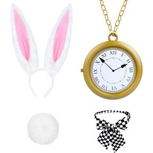 4 PCS White Rabbit Costume Accessories,Bunny Ears Headband and Tail Bow Tie Clock Necklace for Adult Kids Easter Halloween Dress Up
