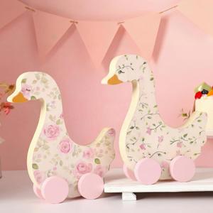 Yousoontic 2 Pcs Silly Goose Baby Shower Table Centerpieces Wooden Silly Goose Birthday Decorations with Floral Prints for 1st Birthday Party, Baby Shower Photo Prop 9" x 9.8"(Pink Rose)