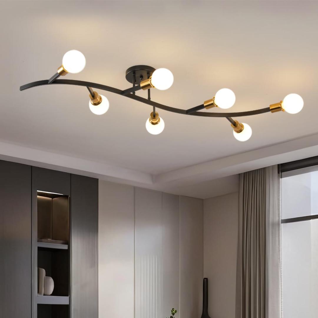 Black and Gold Modern Sputnik Semi Flush Mount Ceiling Light Fixture 7-Lights,Mid Centur Minimalist sputnik Chandelier for Living Room,Dining Room,Bedroom,Kitchen,Hallway(Bulbs Not Included), 47.83"l X 15.74"w X 6.3"h