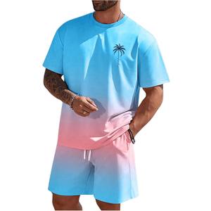 RoseSeek Men's Short Sets 2 Piece Outfits Tropical Graphic Tees and Shorts Sets Beach Vacation Outfits (XX-Large, Blue and Pink)