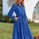 BerryGo Womens Long Sleeve Dresses 2026 Maxi Casual V Neck Belted Button Down Wedding Guest Shirt Dress with Pockets (Blue, L)