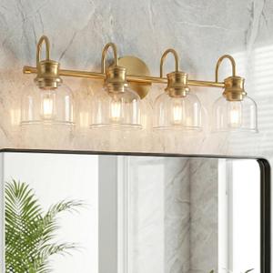 4 Lights Bathroom Vanity Light Fixtures, Gold Traditional Classic Vanity Light with Clear Glass, Bathroom Lighting Fixtures Over Mirror