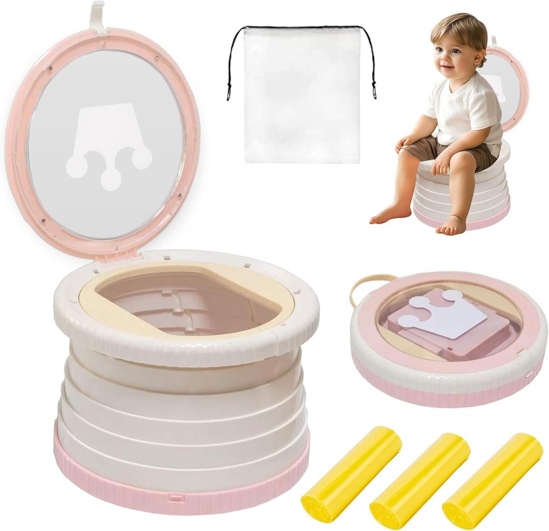 Portable, Foldable Potty seat for Toddler, Training Toilet Seat Emergency Toilet The Bottom Has the Function of Storing Garbage Bags for Car, Camping (Pink)