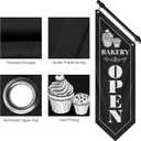 Bakery Open Sign, Vintage Double-Sided Polyester Flag with Flagpole & Bracket, Cottage Outdoor Bakery Goods Hanging Flag for Fresh Bread, Pastries & Baked Goods Display