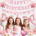 2 x Pink Bow Happy Birthday Decorations - Large Bow Balloons Banner for Coquette Birthday Decorations Foil Balloons for Girls Women Pink Coquette Themed Party Decor