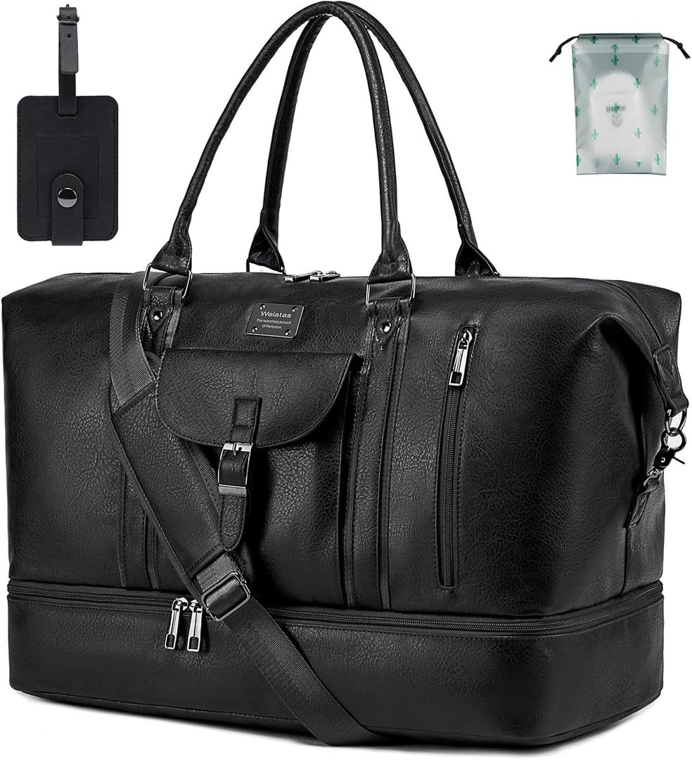 weiatas Leather Travel Duffel Bag for Women Men, Large Weekender Overnight Bag with Shoes Compartment, Waterproof Carry On Bag Travel Tote Bag Gym Bag with Luggage Strap (Black)