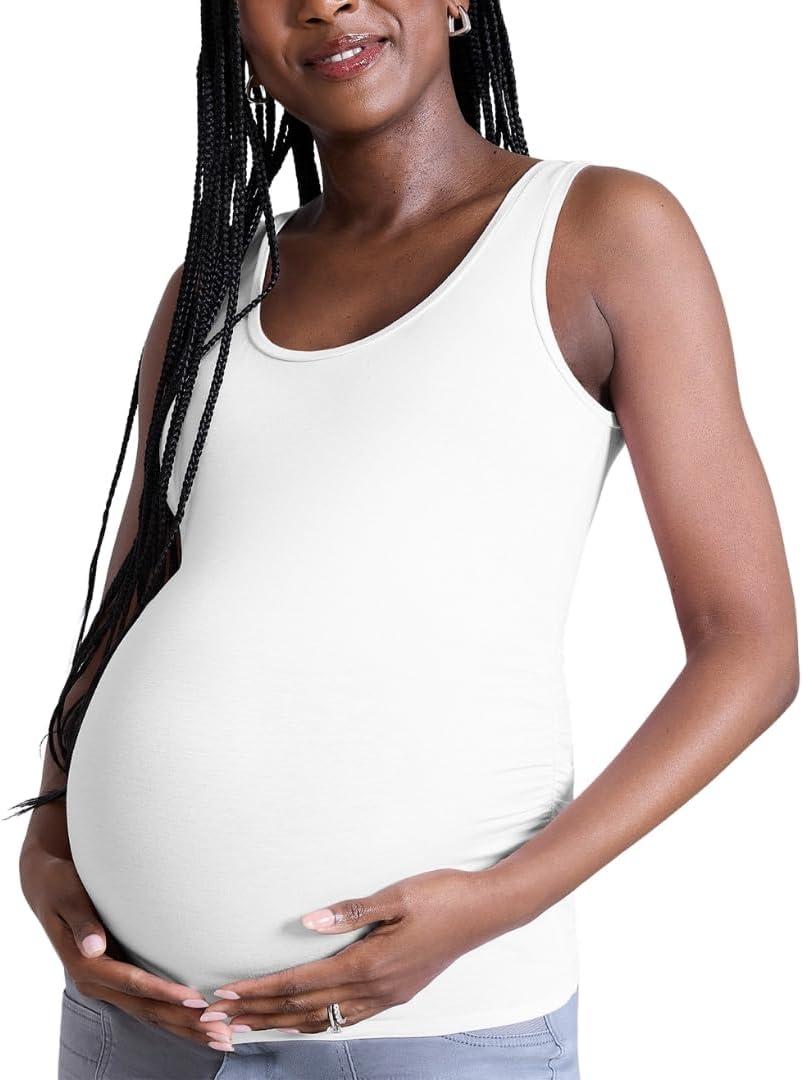 Motherhood Maternity Women's Side Ruched Scoop Neck Pregnancy Tank Top (White, XS)