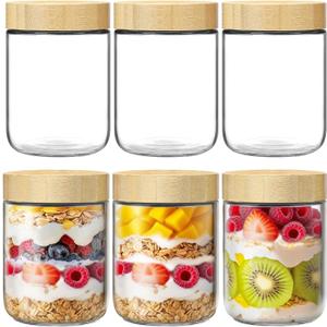 6 Pack 16oz Glass Jars with Bamboo Lids, Overnight Oats Containers with Airtight Lids, Storage Containers Wide Mouth Mason jars for Salad,Yogurt, Sugar, Snacks, Spices