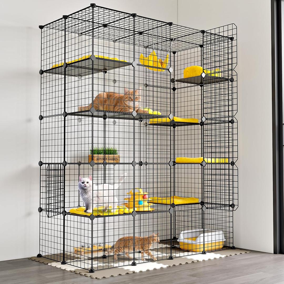 Oneluck Large Outdoor Cat House Catio Enclosure, DIY Cage Kennels Crate Spacious Exercise Place Ideal for 1-6 Cats, 55.1" L x 28.7" W x 69.8" H Balcony Playpen with 16 Platforms Super Large Door