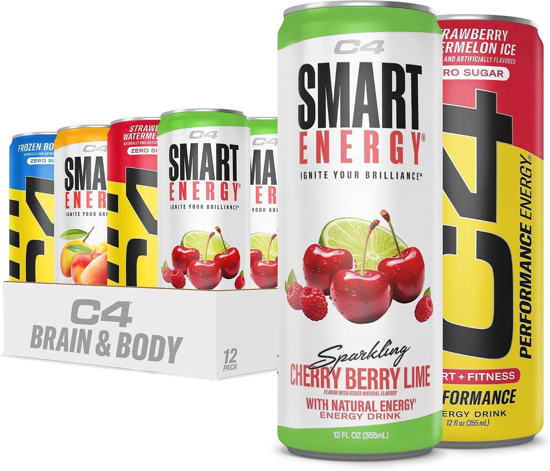 C4 Energy & Smart Energy Drinks Variety Pack, Sugar Free Pre Workout Performance Drink With No Artificial Colors or Dyes, Zero Calorie, Coffee Substitute or Alternative, 4 Flavor Variety 12 Pack (EXP 12/02/26)