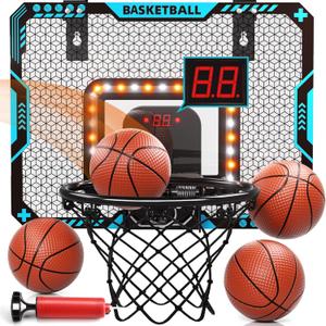 Indoor Mini Basketball Hoop for Boys Kids Aged 5 6 7 8 9 10 11 12+, Over The Door Basketball Hoops with LED Lighting, Electronic Scoreboard, and 4 Balls, Sport Toys Birthday Gift