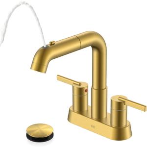 KENES Pull Down Bathroom Faucet with Sprayer, Brushed Gold 4 Inch 2 Handle Centerset Bathroom Faucet 3 Hole with Pull Out Sprayer, Vanity Faucet with Pop Up Drain & Supply Lines LJ-9059A-4