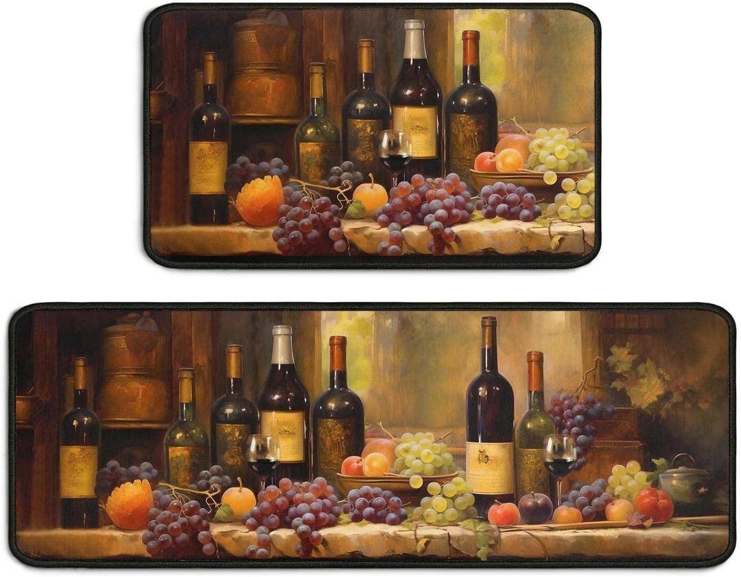 2 Piece Red Wine Kitchen Rug Set, Wine Glasses Kitchen Rugs and Mats Non Skid Washable Absorbent Microfiber Kitchen Floor Decor Mat 17"x47"+17"x30"