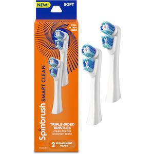 Spinbrush Smart Clean Replacement Heads, Battery Powered Electric Toothbrush Refills for Adults, Soft Bristles, 2 Count (White)
