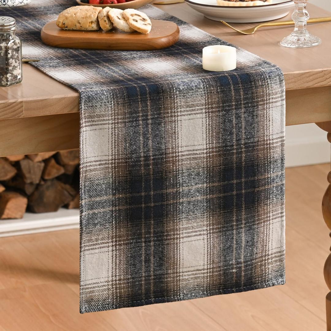 Artoid Mode Dark Blue Brown Farmhouse Plaid Table Runner, Winter Rustic Holiday Check Kitchen Dining Table Decoration for Home Party Decor 13x90 Inch