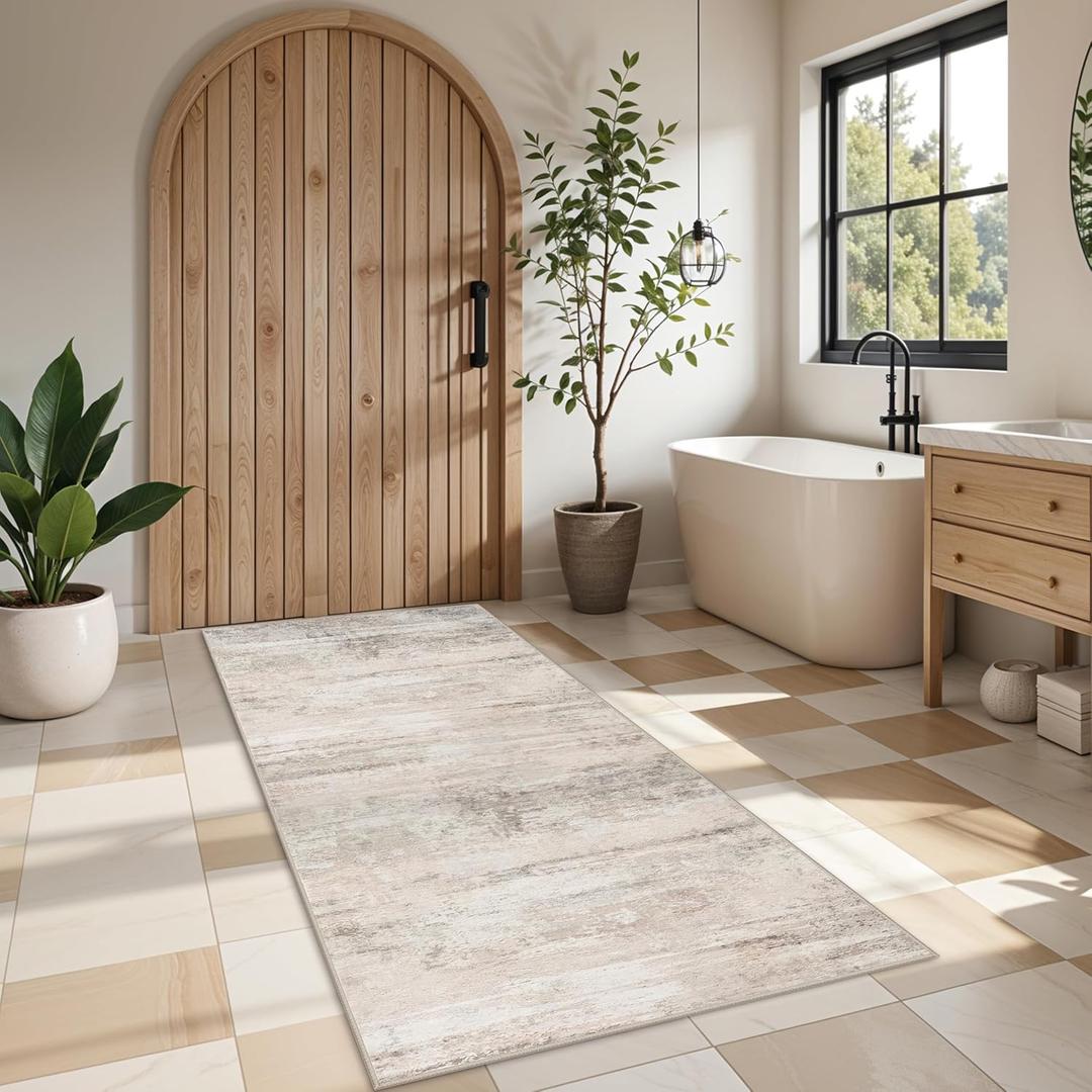 Abstract Kitchen Runner Rug 3x6 - Indoor Washable Carpet for Hallway Bedroom Laundry Low Pile Entryway Rugs with Non Slip Rubber Backing Modern Home Decor Mat for Dining Room Bathroom 3x6 Beige