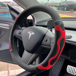 PINCTROT Comfy Grip Steering Wheel Cover for Tesla Model Y/3 2016-2025 2026 Standard/Highland/Juniper, D Shaped 14 Inch Small Sized, Flat Bottom with 3D Honeycomb Anti-Slip Design (Comfy Grip Red)
