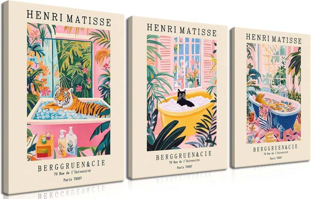 Funny Bathroom Canvas Wall Art Set of 3, Matisse Black Cat Animal Wall Decor Paintings, Cute Tiger Bathroom Pictures Posters Prints 12x16 Inch Framed