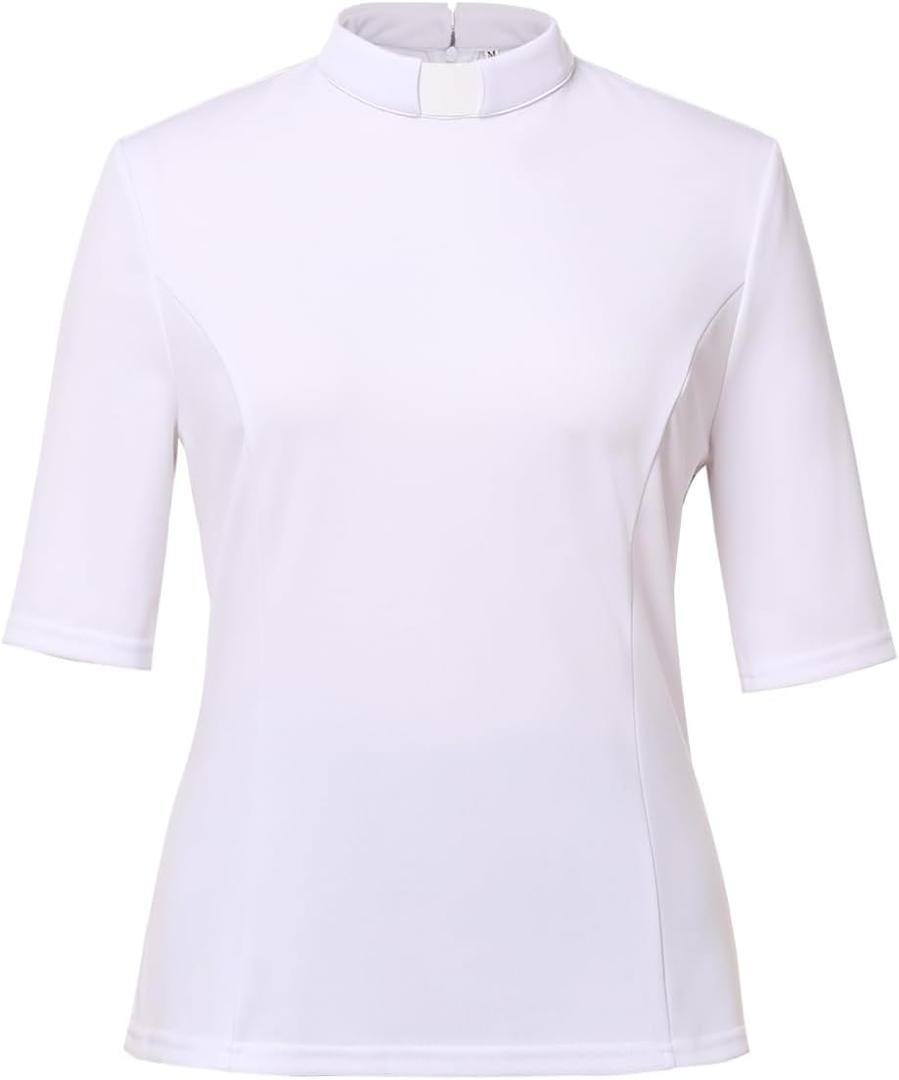 Womens Church Clergy Shirt with Tab Collar Spring/Summer Half Sleeve Slim Blouse Top (White, XL)