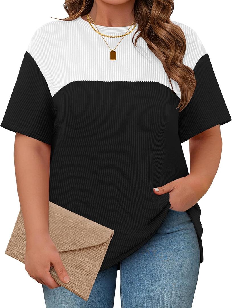 Womens Plus Size Short Sleeve Color Block Pullover Tunic Tops Summer Casual Crewneck Side Split T Shirts (2X)