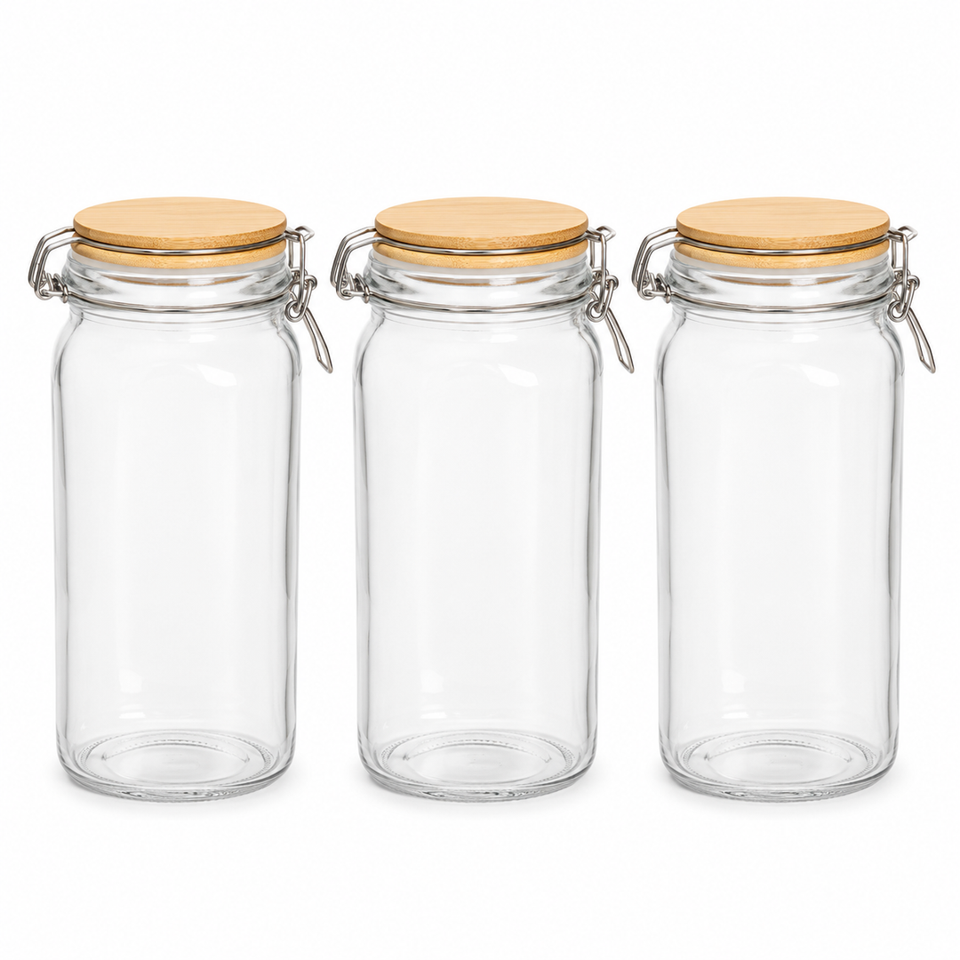 Set of 3 Glass Storage Jars with Bamboo Lids, Clear Kitchen Canister Set for Coffee, Tea, Sugar, Snacks and Dry Food