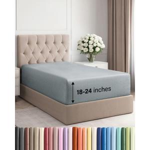 Extra Deep Twin XL Fitted Sheet - Hotel Luxury Single Fitted Sheet Only - Easily Fits 18 inch to 24 inch Mattress - Ultra Soft, Wrinkle Free w/Extra Deep Pockets - Breathable & Comfy - Heathered Blue