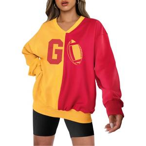 VILOVE Football Sweatshirts Women Game Day Long Sleeve Shirts Football Team Pullover Sunday Funday Casual Tops (Medium, Red and Yellow)